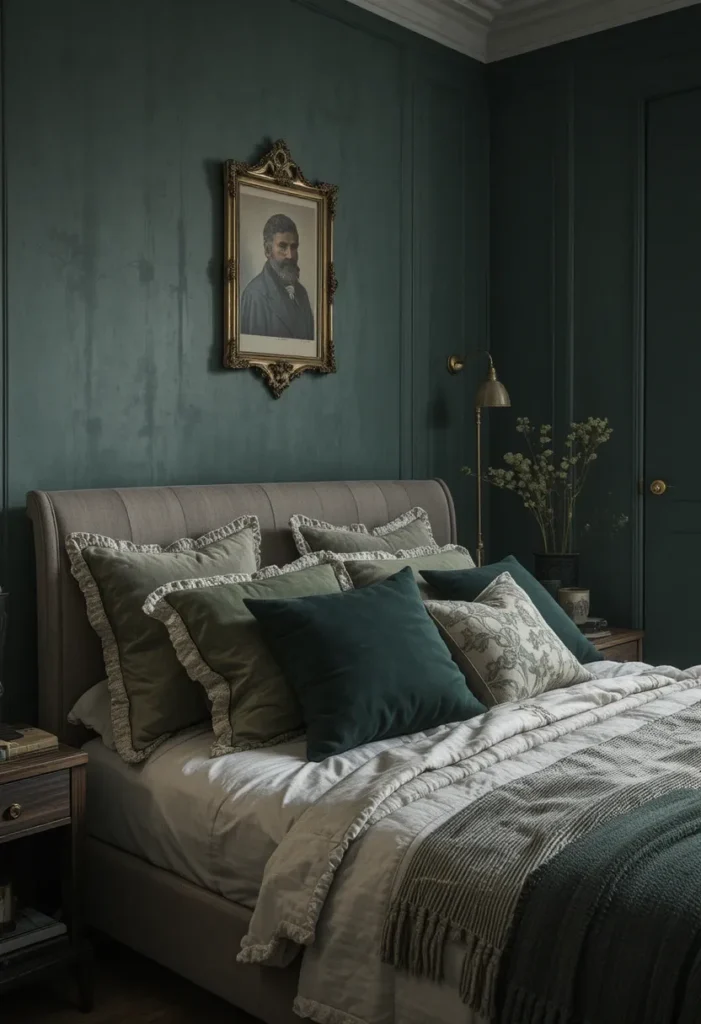 Dark green bedroom with textured fabrics for softness