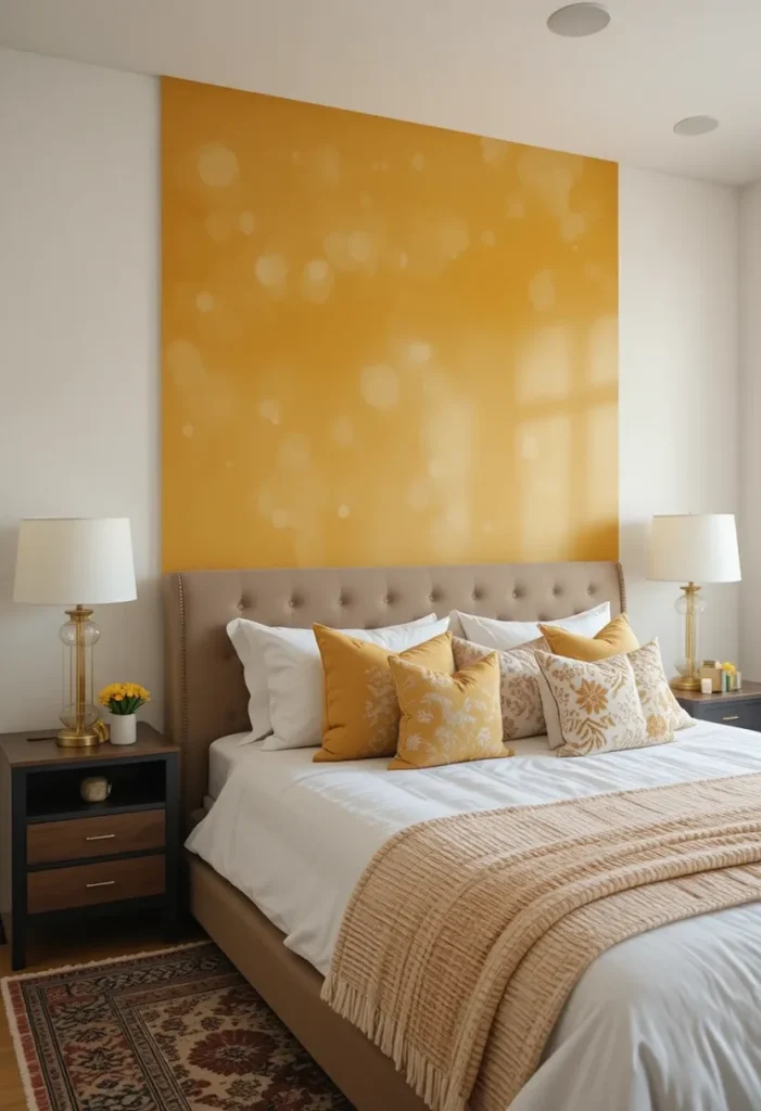 Bedroom featuring bold mustard accents with neutral tones and gold details