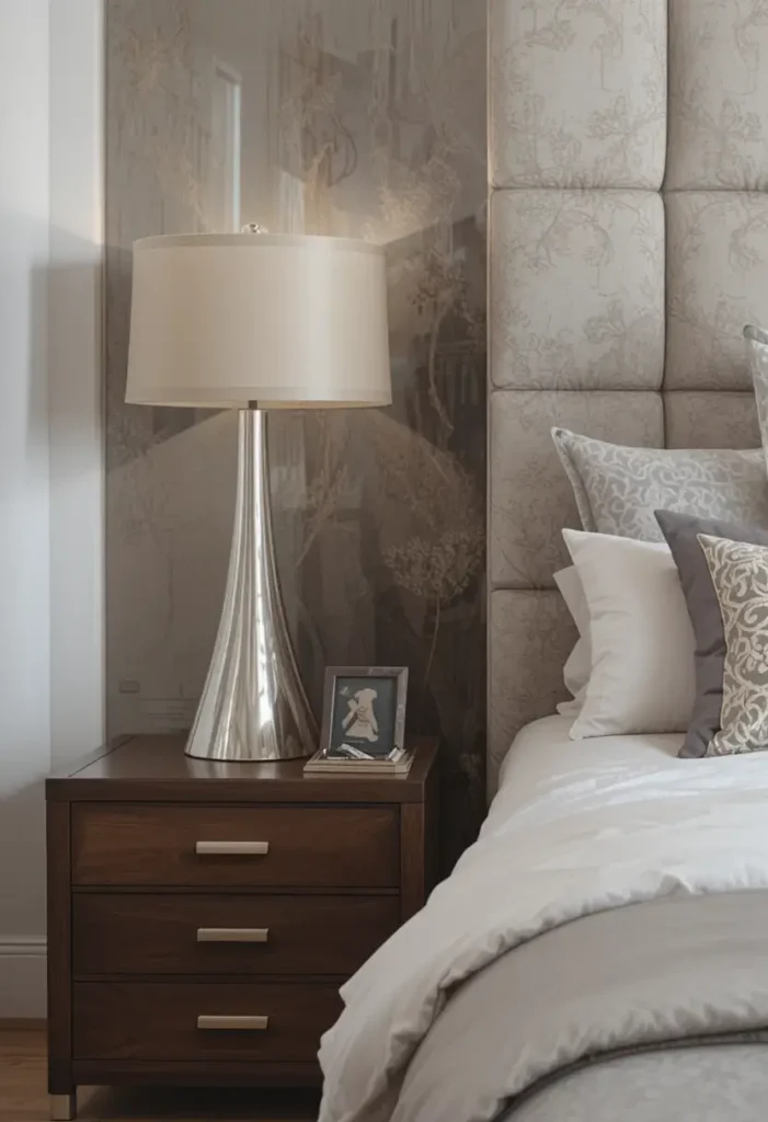 Sleek silver lamp complementing modern bedroom furniture
