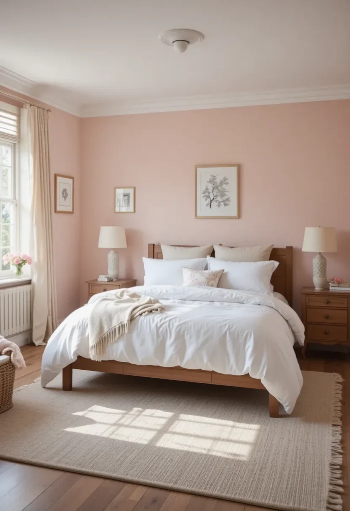 Soft blush pink bedroom decor with calm, cozy styling