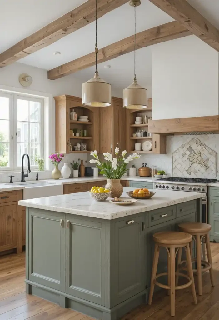 Sage green kitchen island with warm wood
