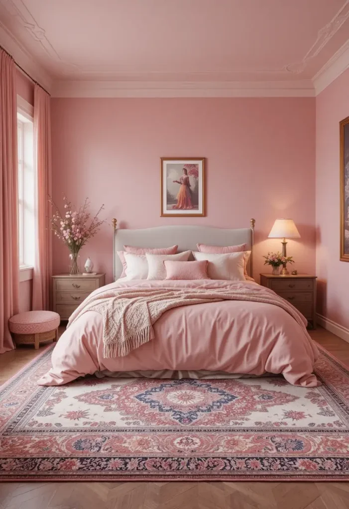 Layered pink bedroom decor with cozy textiles