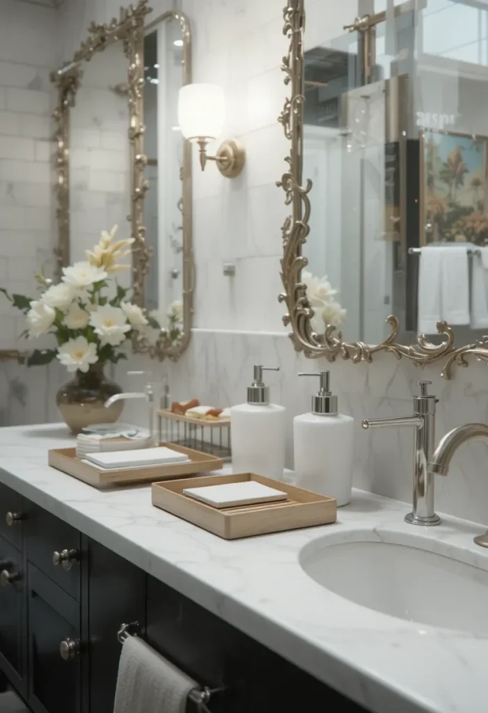 Coordinated bathroom accessories including dispensers, trays, and hardware