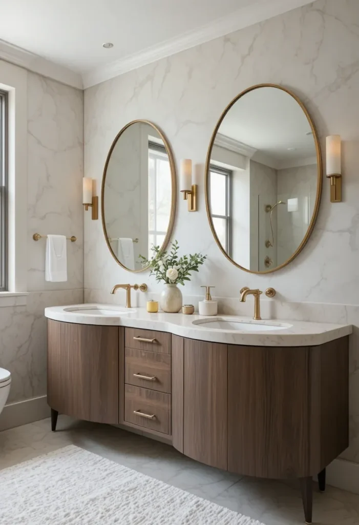 Soft minimalist primary bathroom with warm finishes.