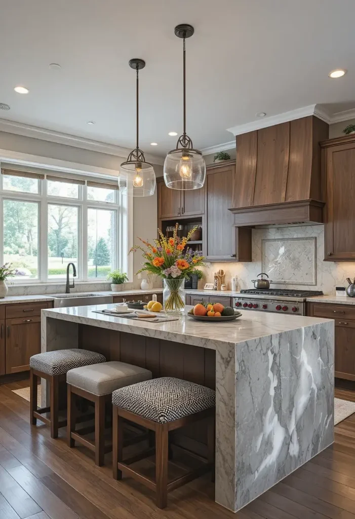 Kitchen waterfall island featuring cozy built-in seating