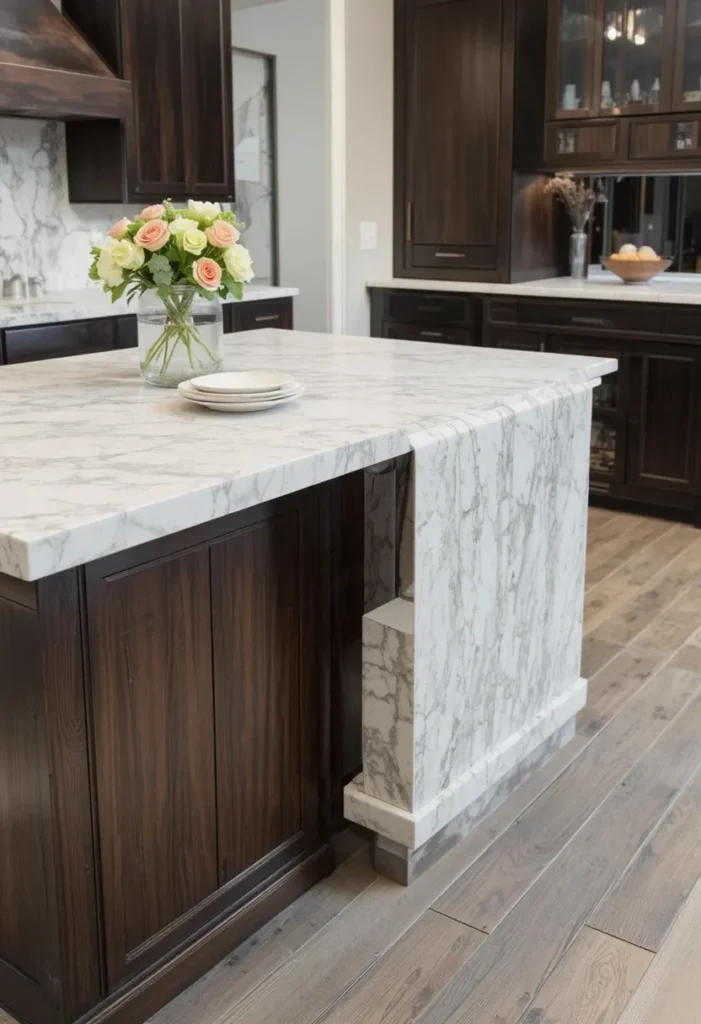 Dark wood kitchen island with white marble waterfall countertop