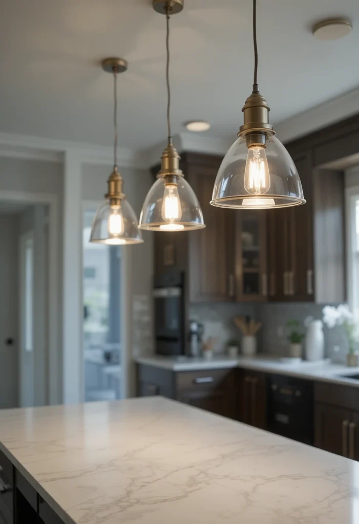 Properly spaced pendant lights over a kitchen island