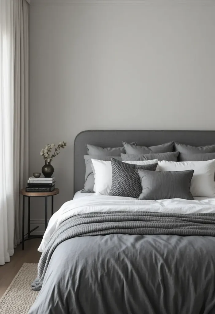 Bedroom styled with dark gray bedding and neutral tones