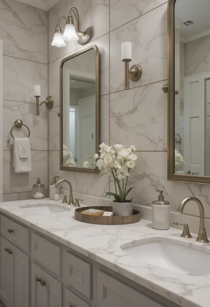 Minimal bathroom countertop with tray, containers, and single décor item.