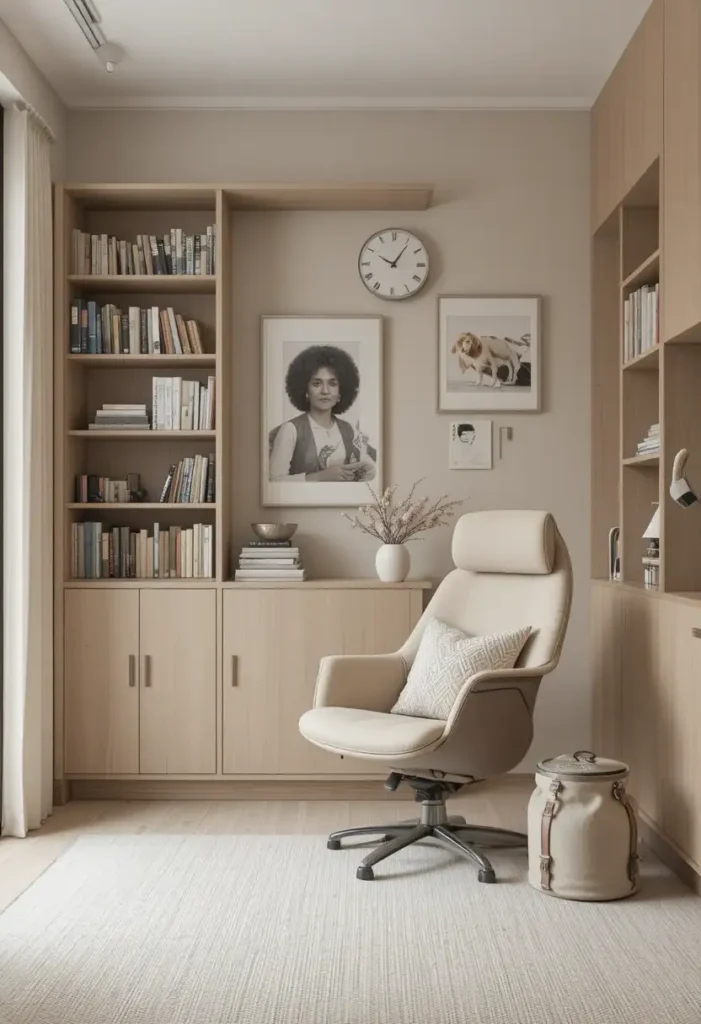 Modern minimalist reading room with ergonomic chair and neutral decor