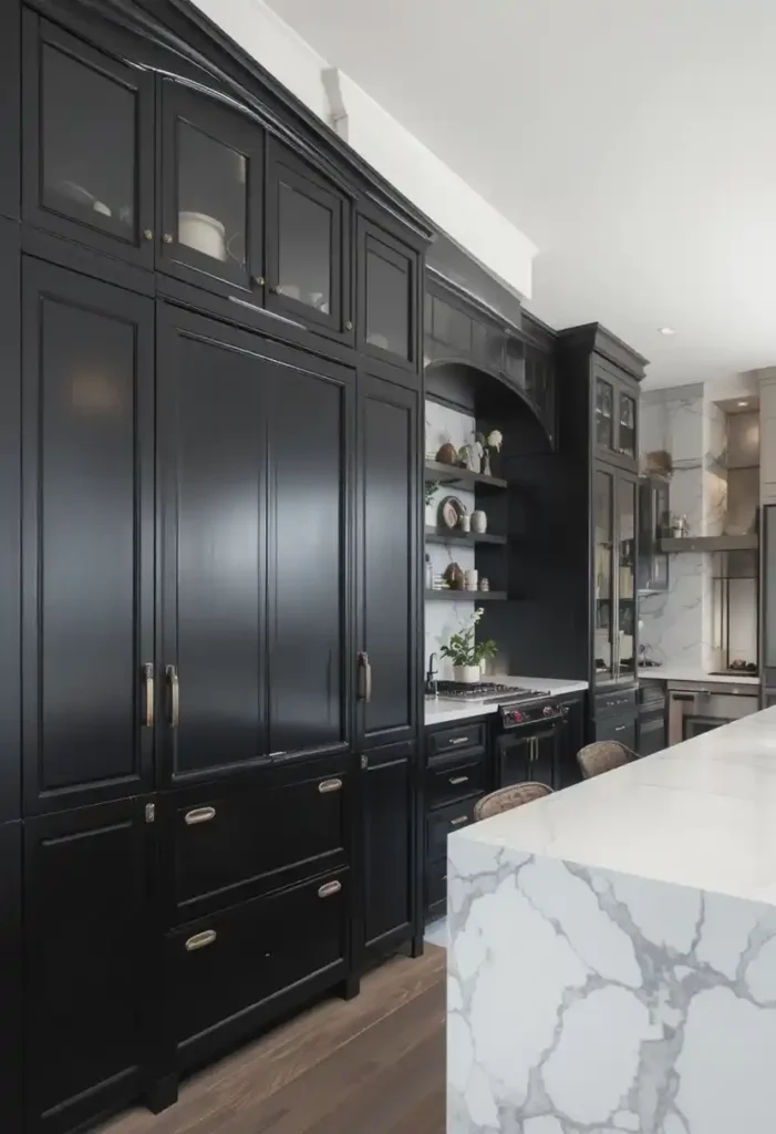 Matte black kitchen cabinets with white countertops and metal handles.