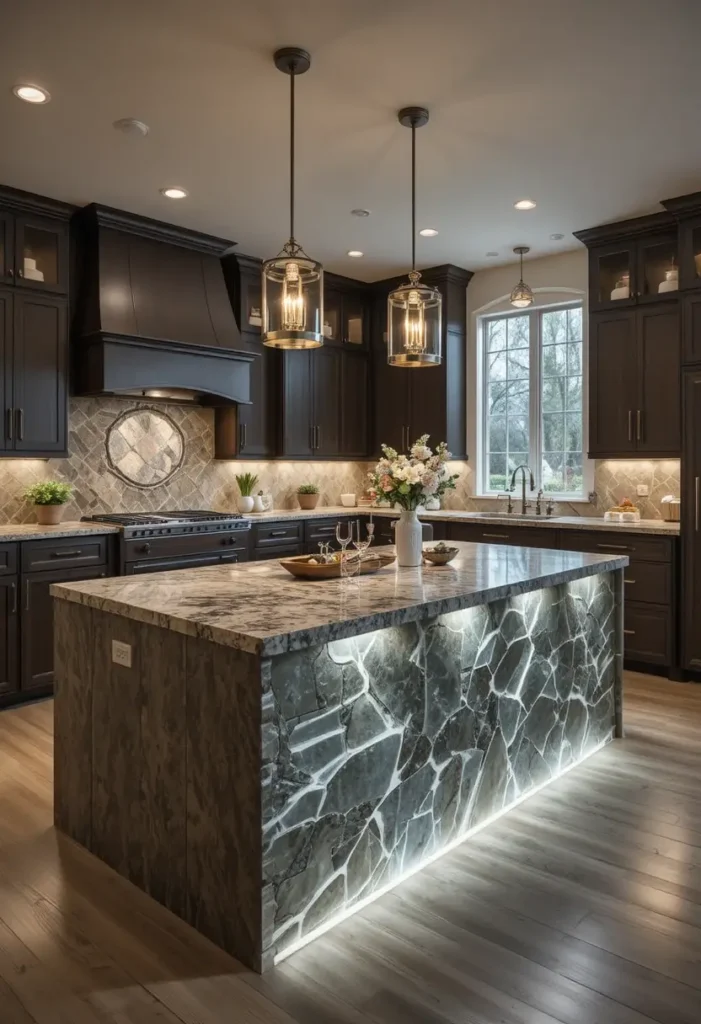 Kitchen island waterfall edge with focused ambient lighting