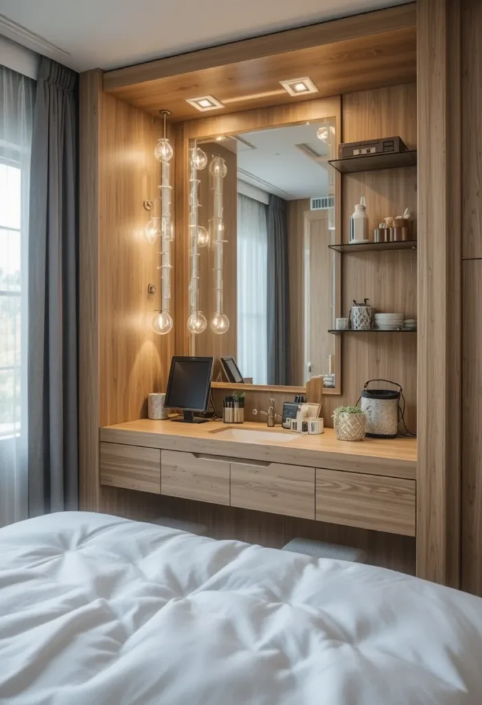 Vanity with built-in power outlets for hair tools and devices.