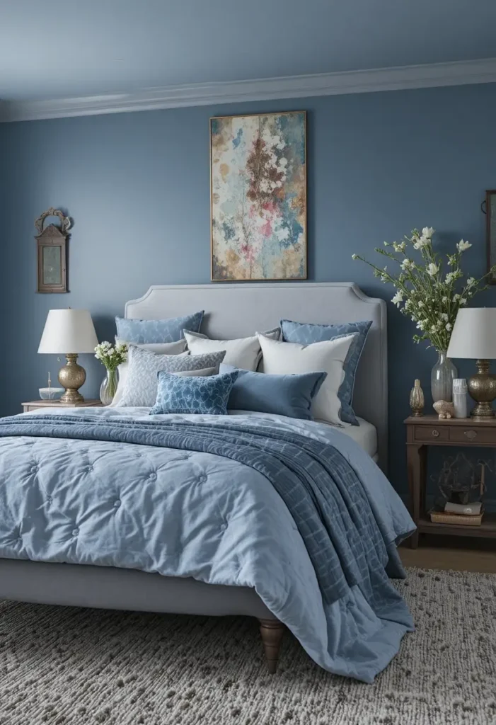 Textured fabrics adding warmth to a blue bedroom