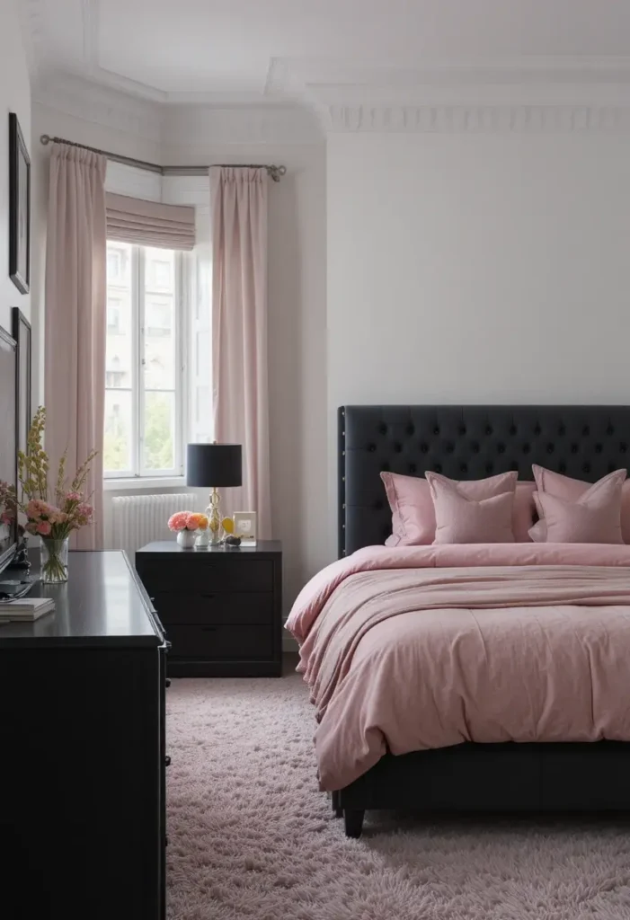 Matte black and soft pink bedroom with modern finishes and cozy appeal.