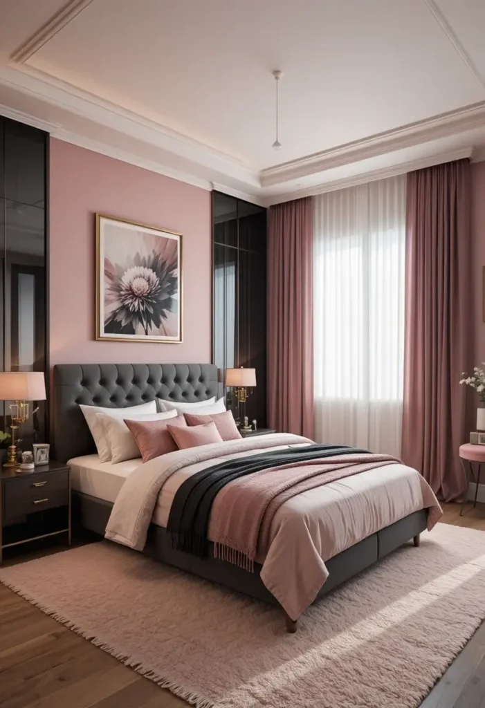 Cozy bedroom with pink, black, and neutral tones for warmth and style.
