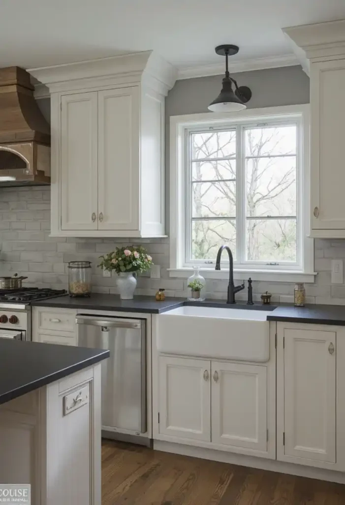 Farmhouse kitchen with black and white countertops