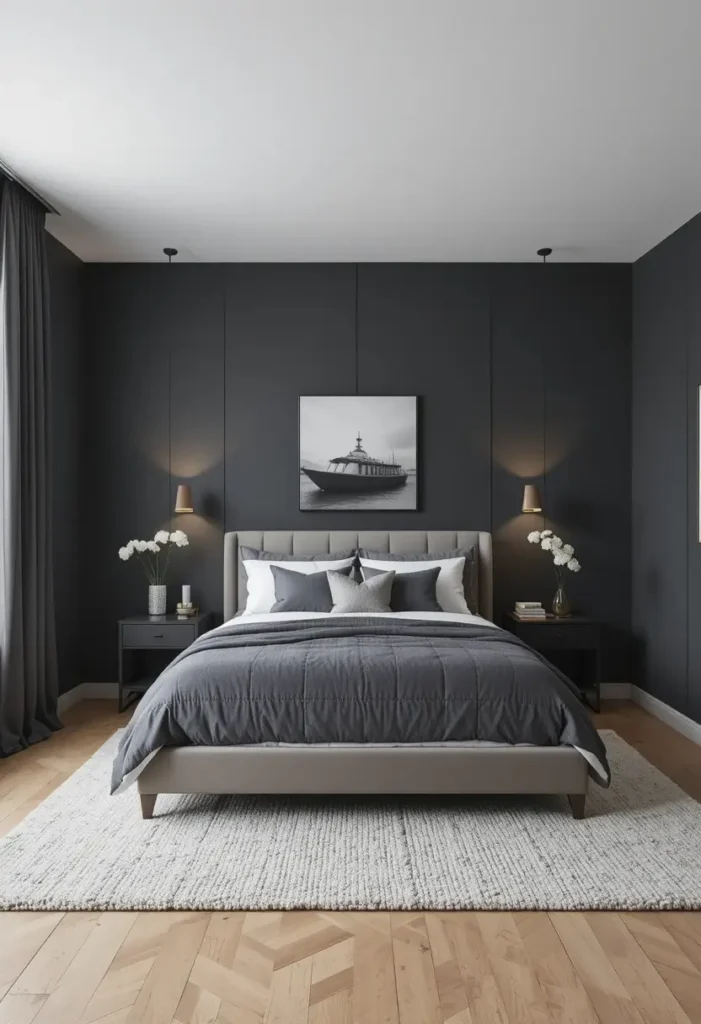 Minimalist dark gray bedroom with clean modern style