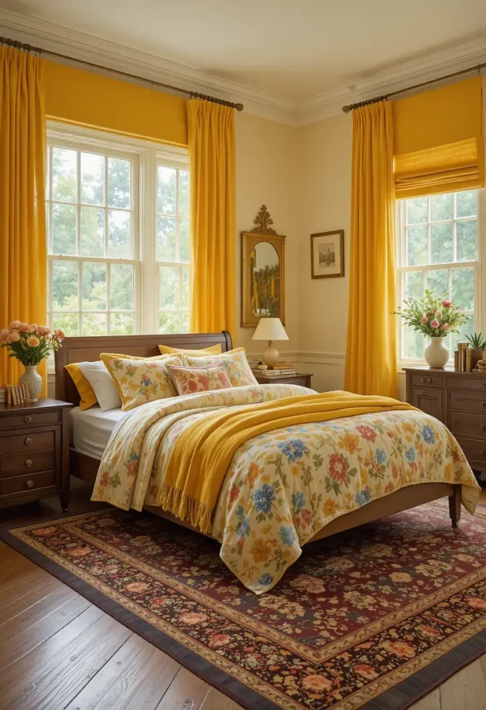 Bedroom featuring patterned yellow bedding with complementary decor