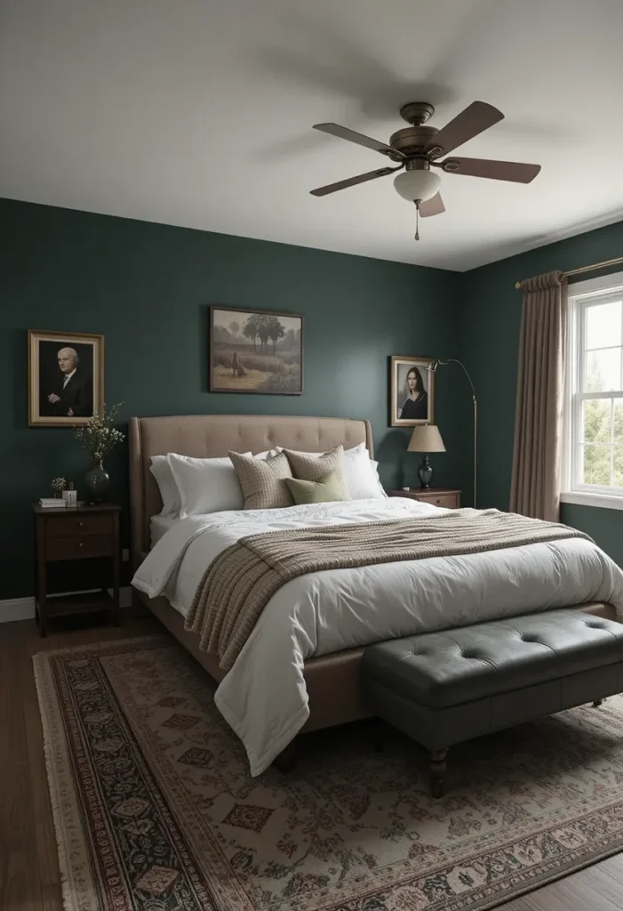 Dark green bedroom with layered rugs for warmth