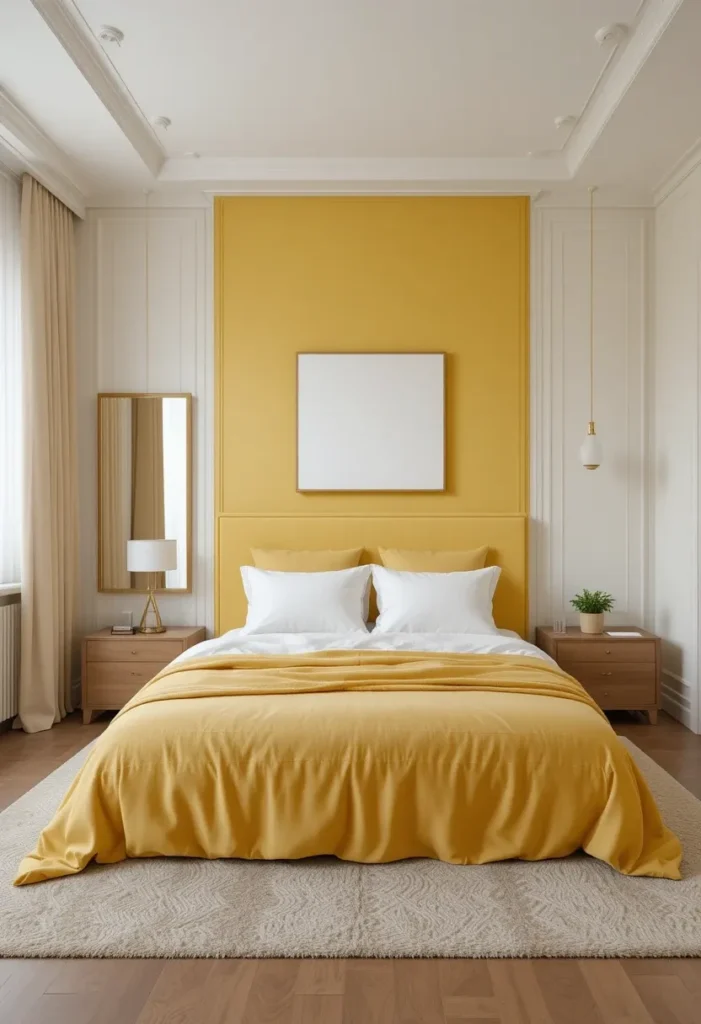 Yellow accent wall in a bedroom with neutral surroundings