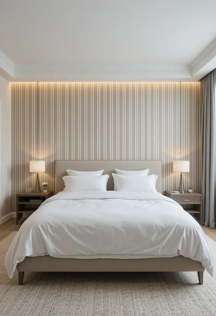 Bedroom with vertical striped wallpaper behind bed