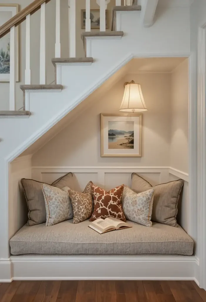 Small reading nook under stairs with cushions and warm lighting