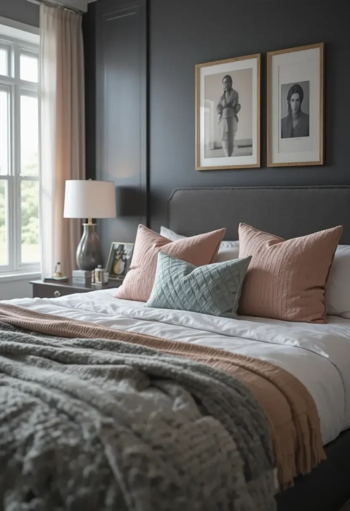 Dark gray bedroom with soft pastel accents