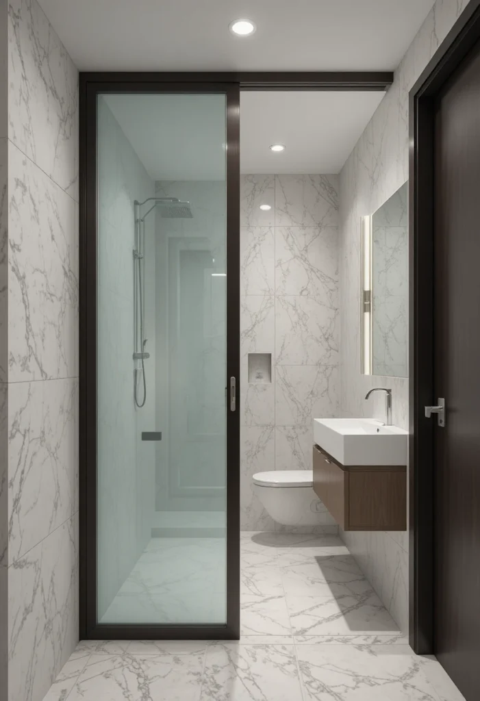 Small bathroom featuring sliding pocket door for space-saving.