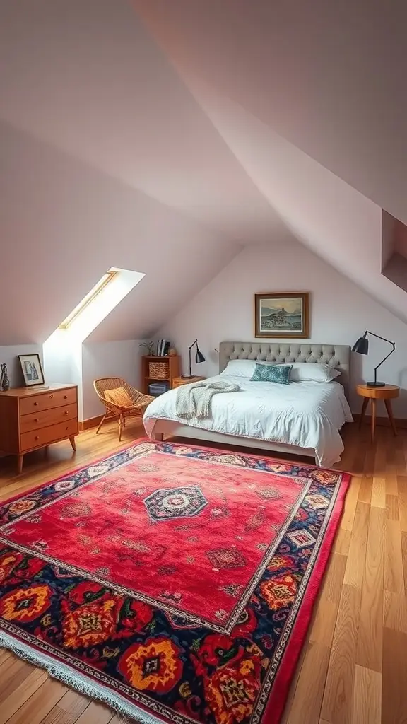 Colorful area rug adding warmth to an attic bedroom floor