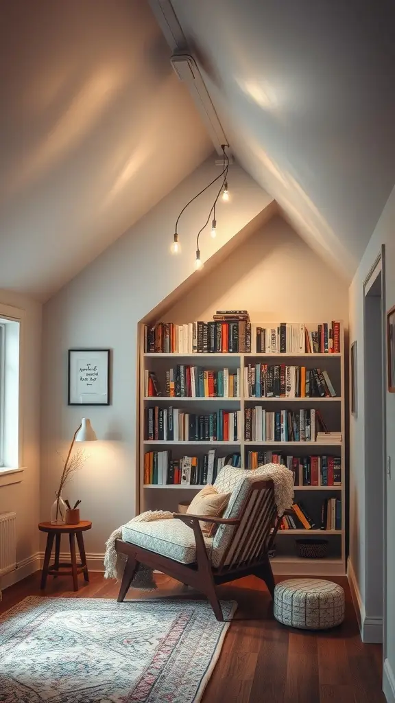 Cozy reading nook tucked under attic eaves with a comfortable chair and shelves