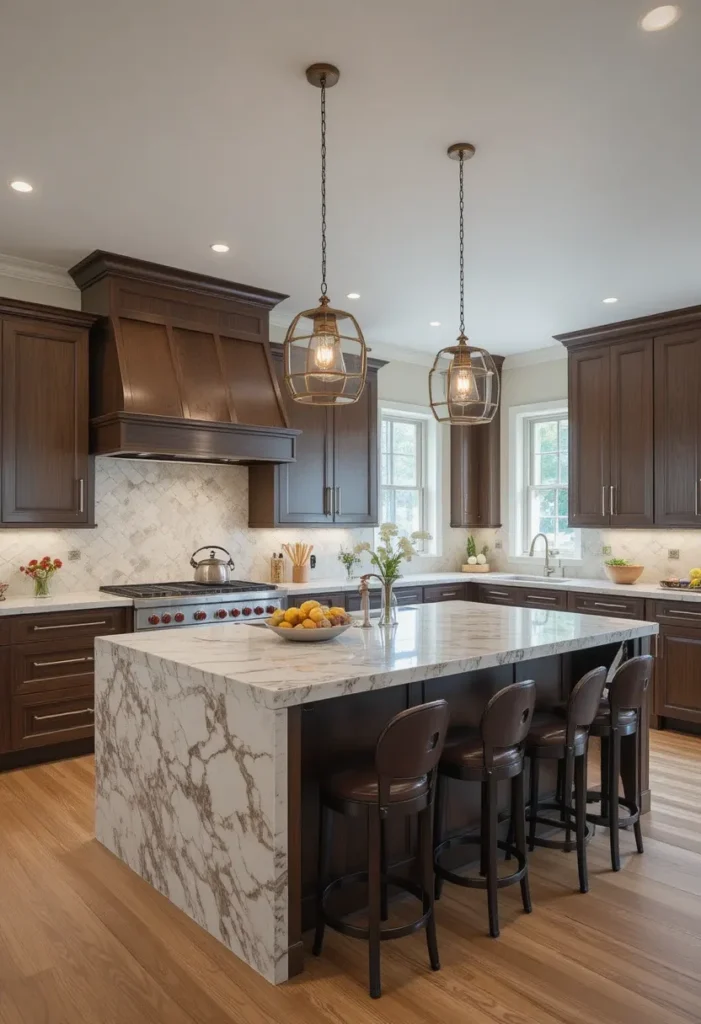 Modern waterfall kitchen island with two-level countertop