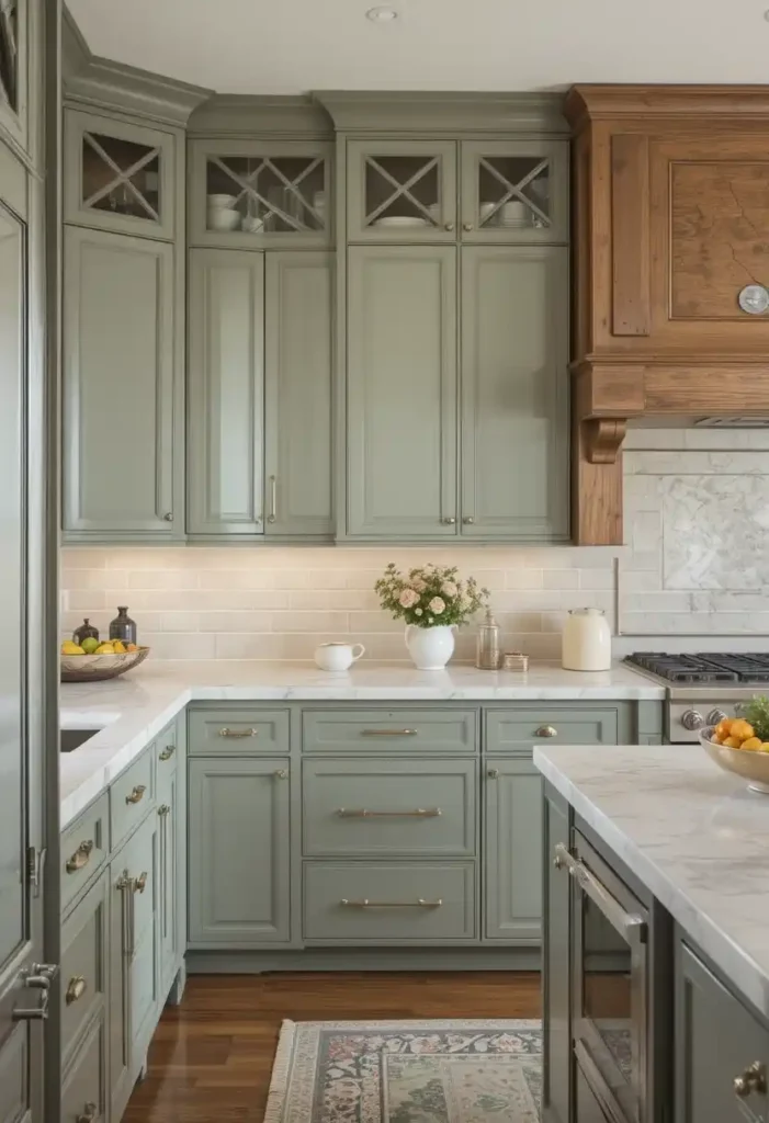 Sage green kitchen cabinets with wooden accents and marble counters.