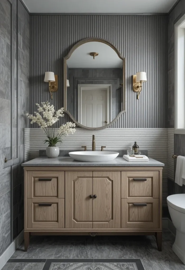 Textured tiles on walls and floor in a modern bathroom.