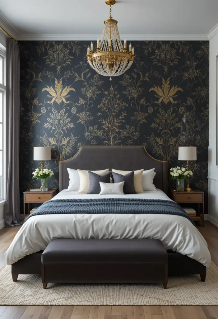 Dark dramatic wallpaper bedroom