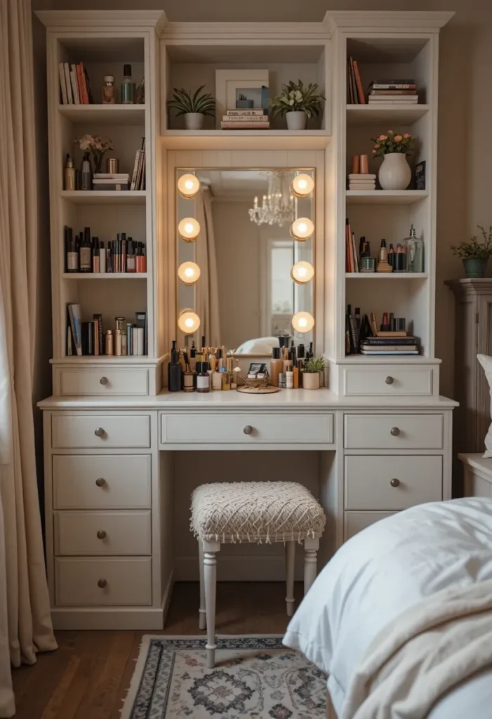 Bedroom vanity with open shelving for easy access to makeup.