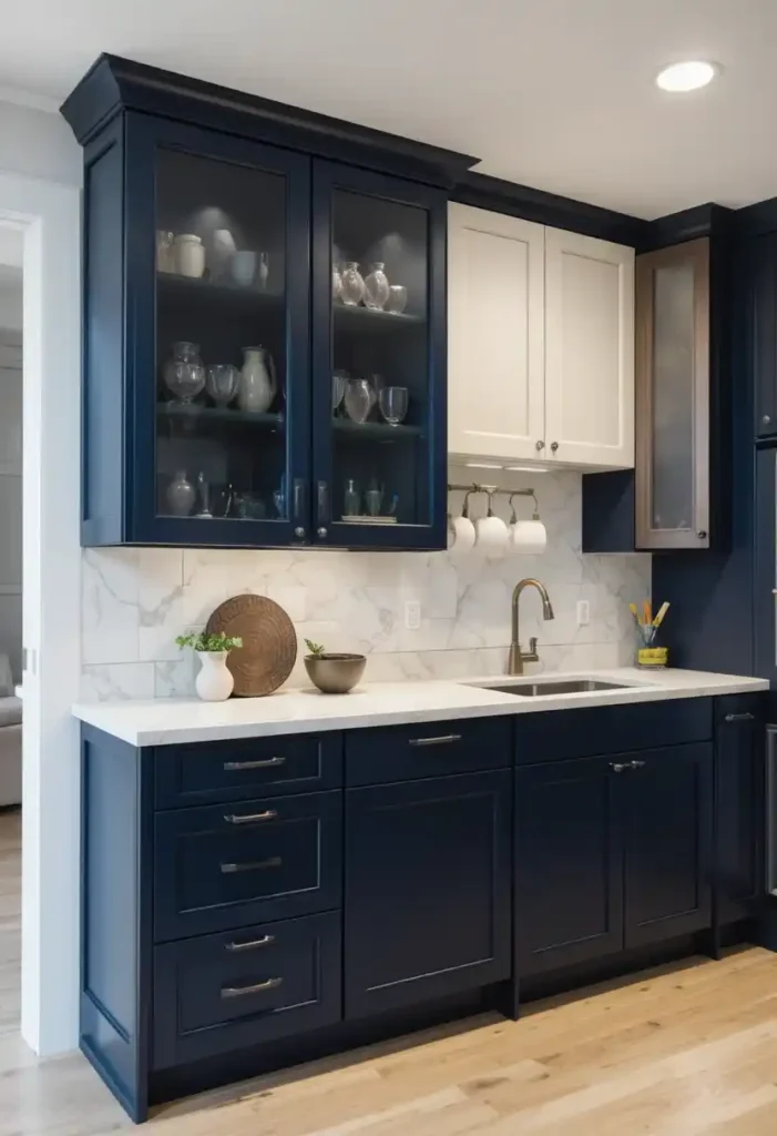 Two-toned kitchen cabinets with cream and dark navy shades.