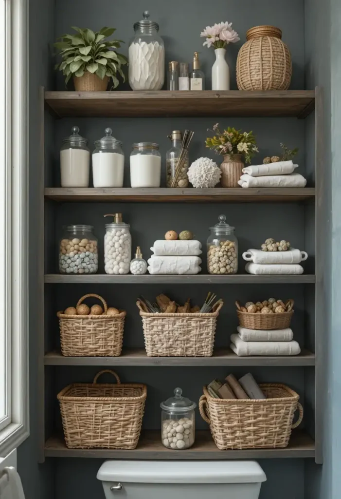 Decorative storage pieces like baskets, jars, and ceramic containers in bathroom.