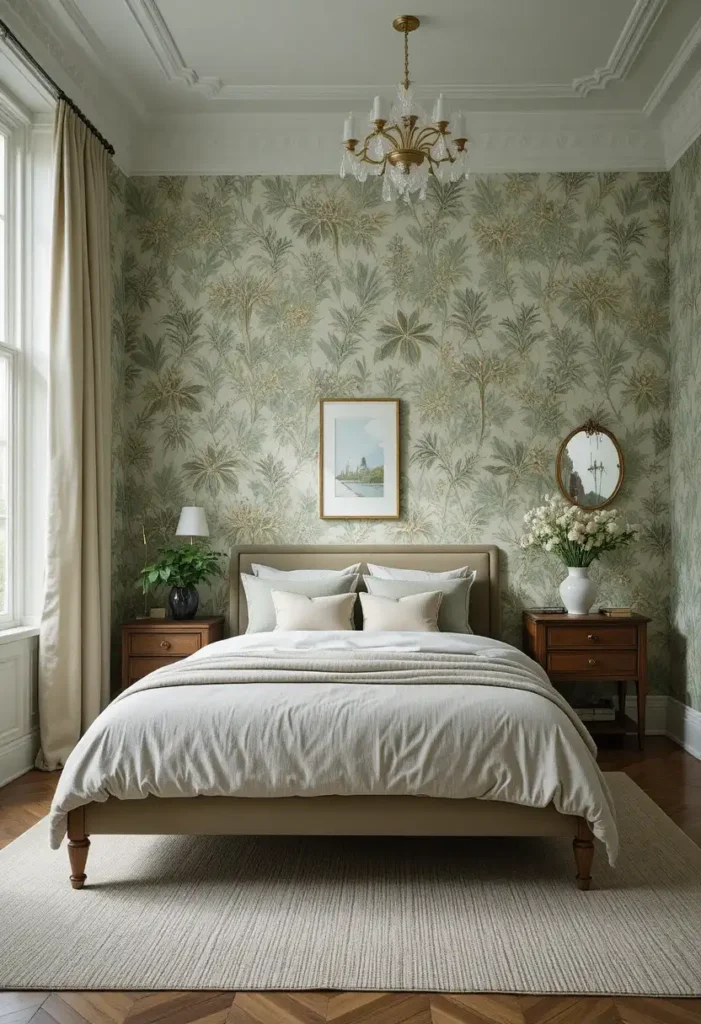 Nature inspired botanical wallpaper bedroom