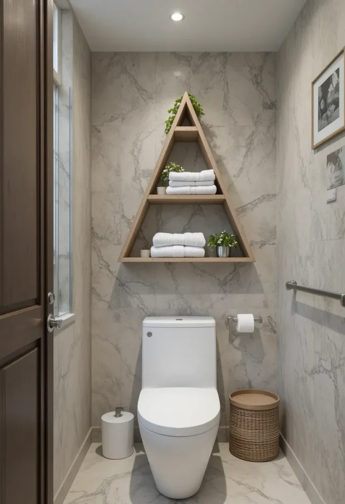 Small bathroom corner with floating corner shelves.