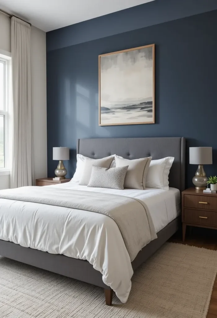 Navy blue accent wall bedroom with balanced neutral décor
