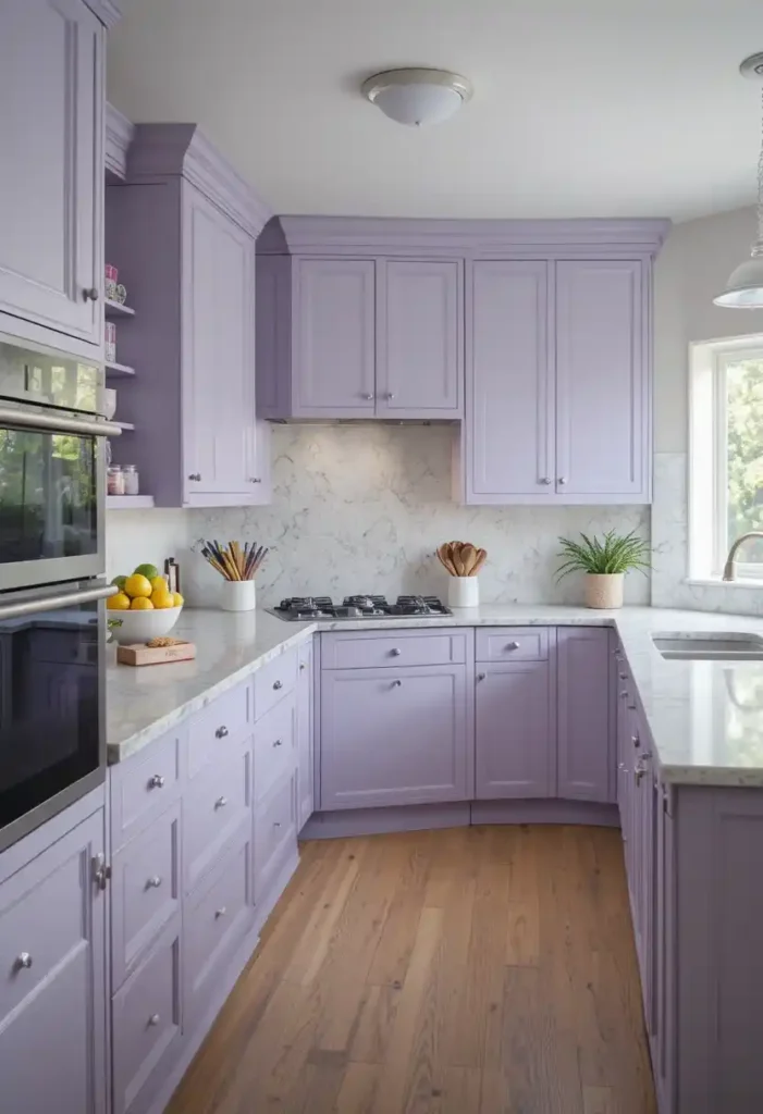 Soft lilac kitchen cabinets with white countertops in bright space.