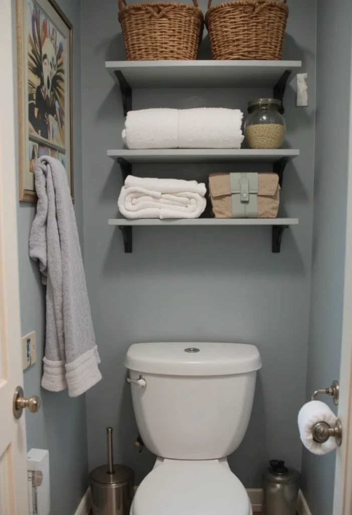 Compact bathroom with over-the-toilet storage shelves.