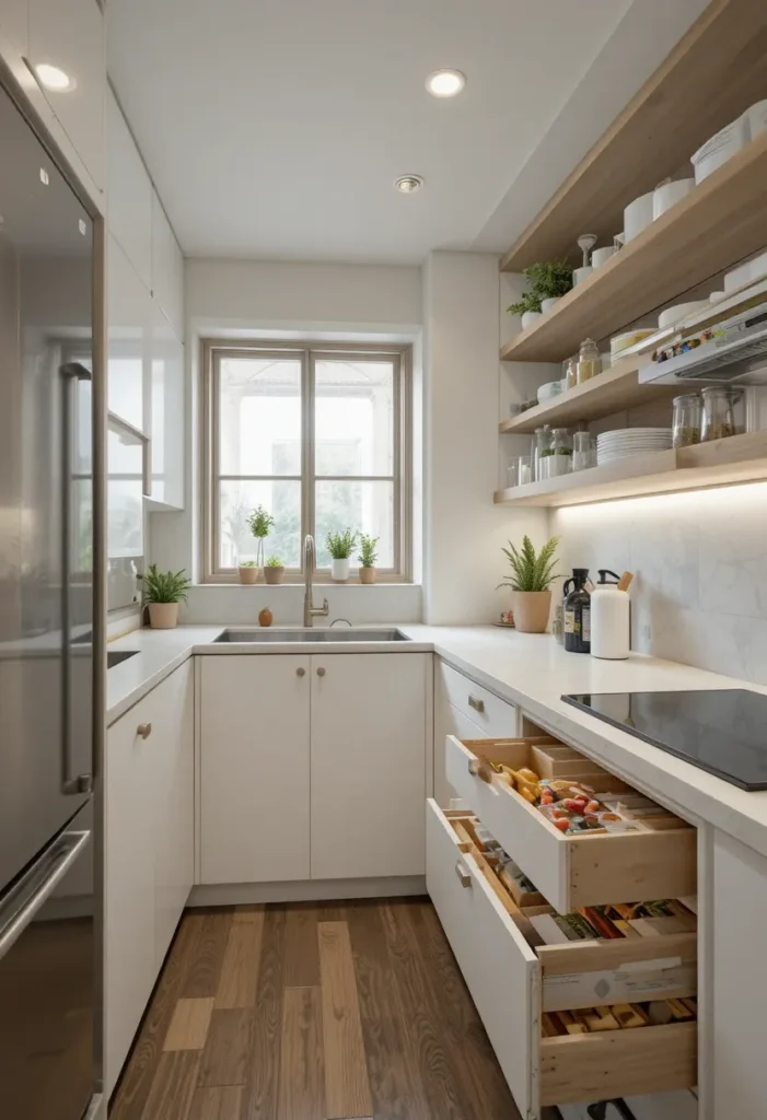Clutter-free countertops using built-in kitchen storage