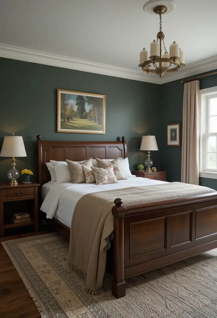 Dark green bedroom with natural wood furniture