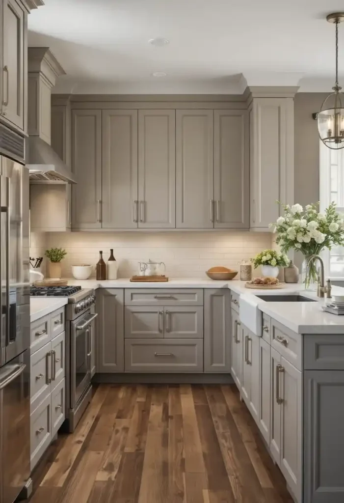 Warm taupe kitchen cabinets with wooden flooring and cozy style.