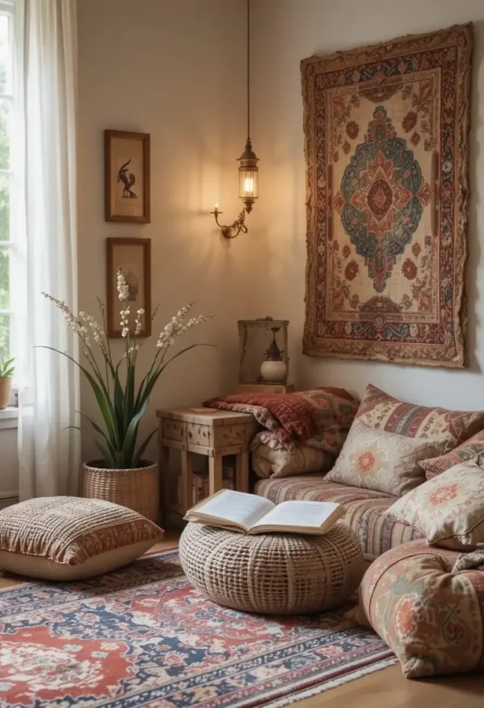 Boho reading corner with layered rugs, floor cushions, and cozy lighting