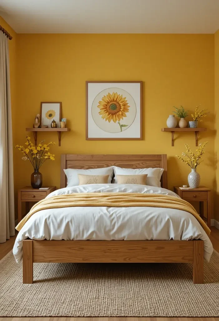 Sunflower yellow bedroom combined with natural wood and soft textiles