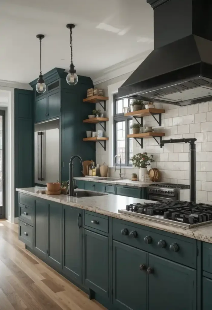 Forest green kitchen island with industrial metal accents