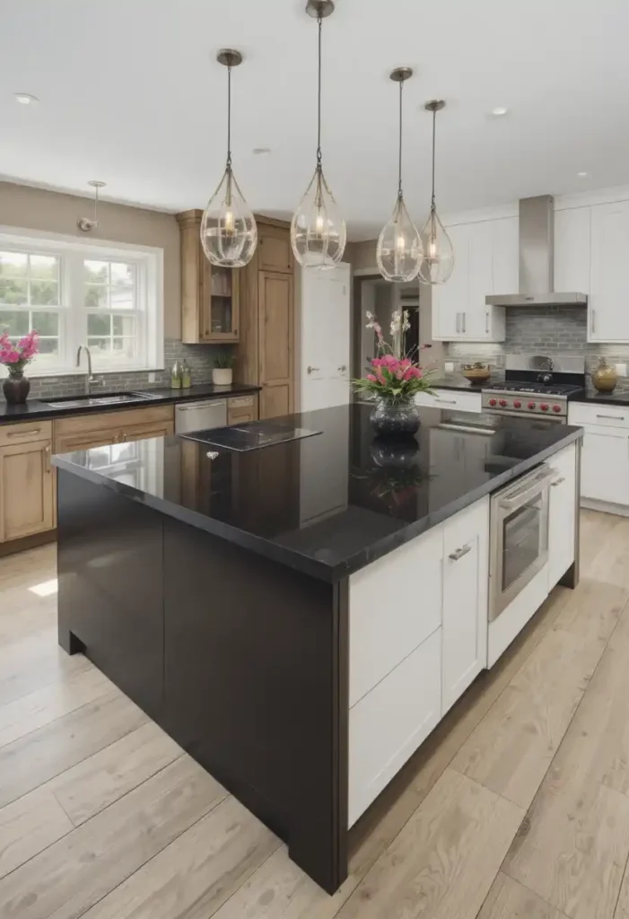 Kitchen island featuring black countertops